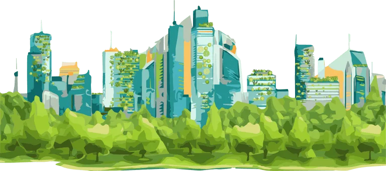 Illustration d'une ville à gratte-ciel avec beaucoup d'arbres en 1er plan pour représenter la végétalisation de l'urbain contemporain
