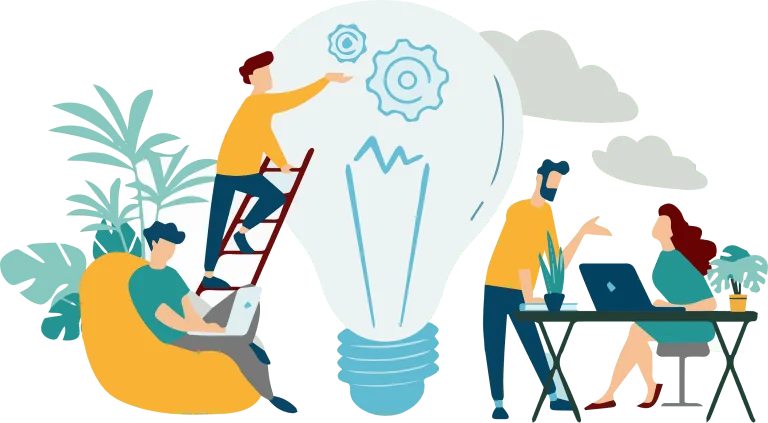 Illustration Equipe de travail dans leurs activités ( détente - qui cherche des idées avec grosse ampoule - Discute entre eux pour faire avancer un projet autour d'une table) tous cela avec des plantes autour d'eux. Végétalisation