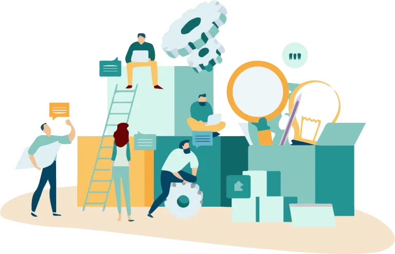 Illustration avec des cubes colorés et des personnes qui accèdent à différents niveaux via des échelles - représentant l'approche technique du design végétal (la recherche, l'expérimentation...)